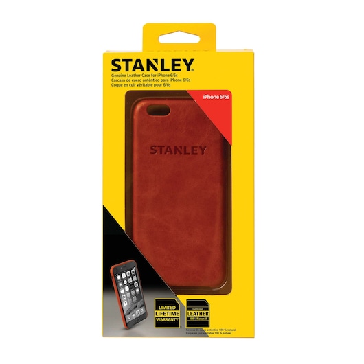 STANLEY brown leather case for iPhone 6/6s in retail packaging, front angle.