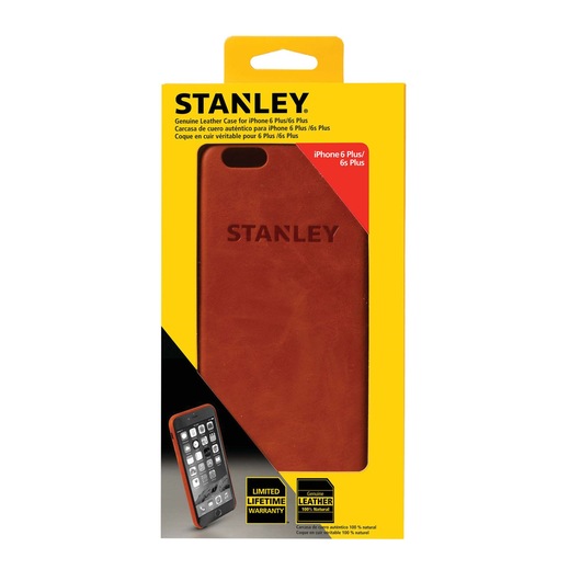 STANLEY 2159563ST2 genuine leather case for iPhone 6 Plus/6s Plus in retail packaging, brown color, front view.