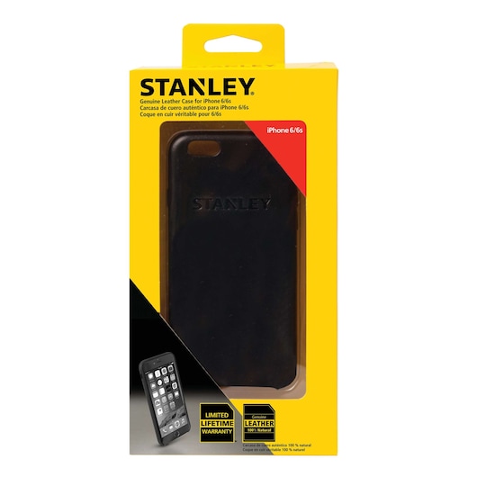 STANLEY genuine leather case for iPhone 6/6s in black, front view in yellow and black retail packaging, SKU 2159564ST2.