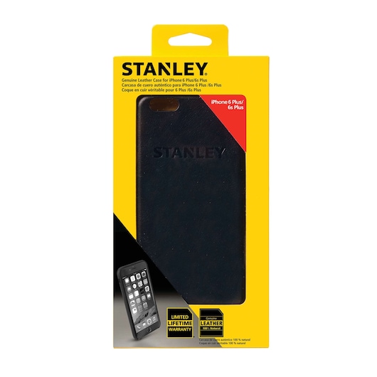 STANLEY 2159565ST2 black leather case for iPhone 6 Plus/6s Plus in yellow retail packaging, front view.