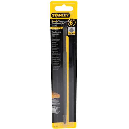 STANLEY 22-307 round bastard file, single cut, 6 inch, in plastic packaging, front angle on white background.