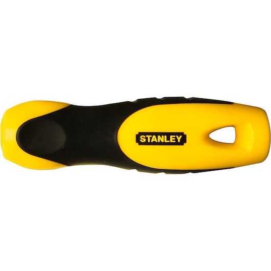 Stanley 22-311 yellow and black hand file handle, top view on white background.