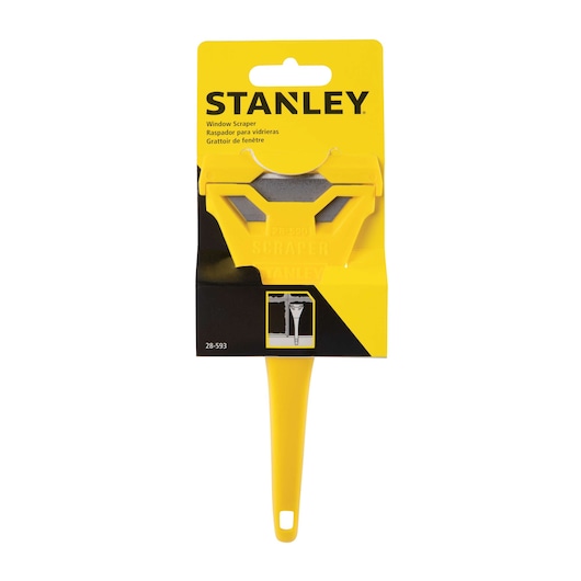 Photo of STANLEY 28-593 window scraper with yellow handle, shown in retail packaging, front angle on white background.