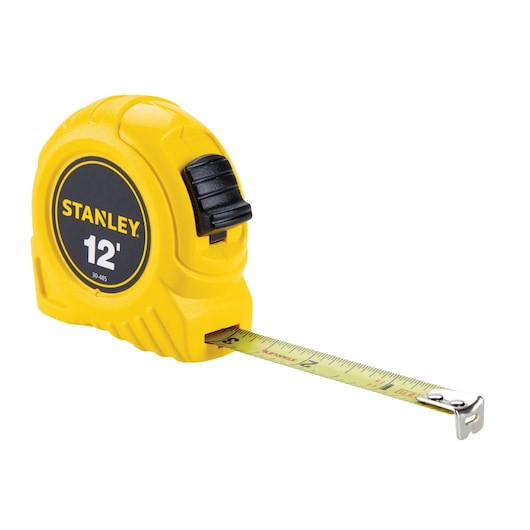 STANLEY 12-foot yellow tape measure front angle on white background, showing extended metal measuring tape.
