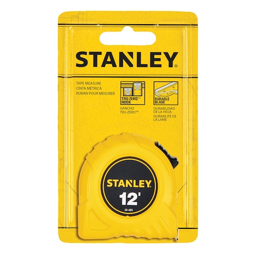 STANLEY 12-foot tape measure, model 30-485, in yellow and black, packaged, front angle on white background.