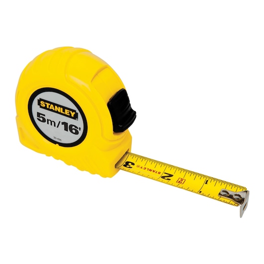 STANLEY 30-496 tape measure, yellow casing, 5m/16ft length, extended blade, angled on white background.