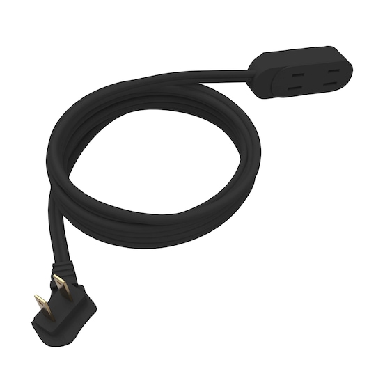 Stanley black power extension cord, angled plug and dual outlet, coiled, front view on white background