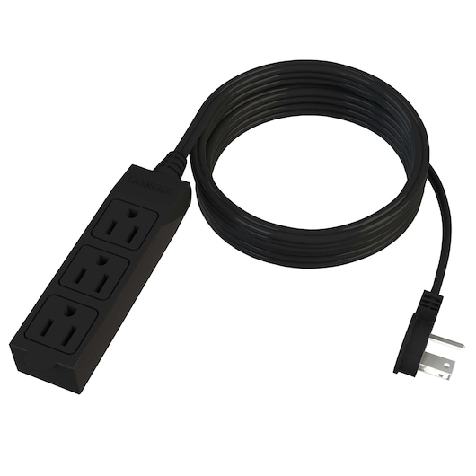 Stanley black power strip with three outlets and long cord, angled front view on white background