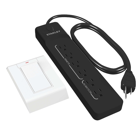 STANLEY black power strip with six outlets, remote control switch, and attached power cord, top view on white background.