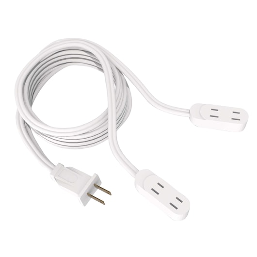 STANLEY white extension cord with two three-prong outlets, coiled, product shot on white background