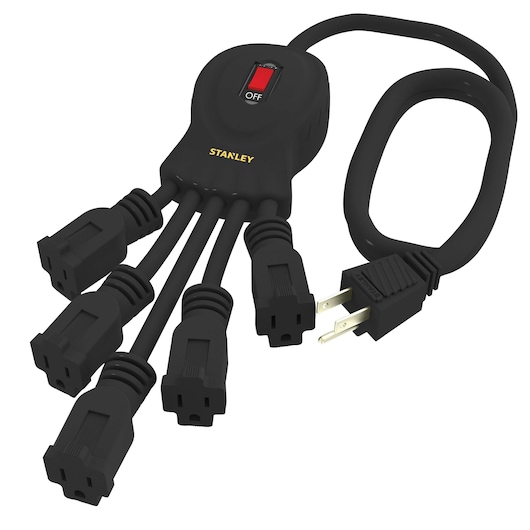 Stanley black six-outlet power strip with on-off switch, angled view on white background
