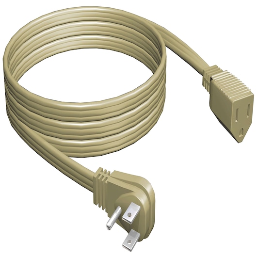 STANLEY beige extension cord with three-prong plug and single socket, side angle on white background
