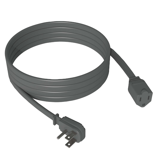 Stanley flat extension cord, gray color, coiled, angled plug and outlet, front angle on white background
