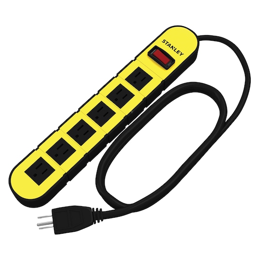 Stanley yellow and black six-outlet power strip with black cord, shown from top angle on white background