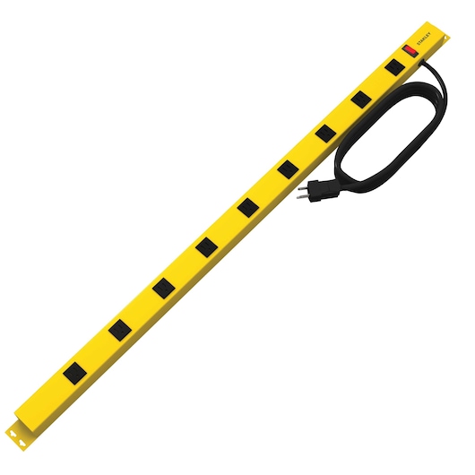 Stanley yellow power strip with eight black outlets, black cord, angled on white background
