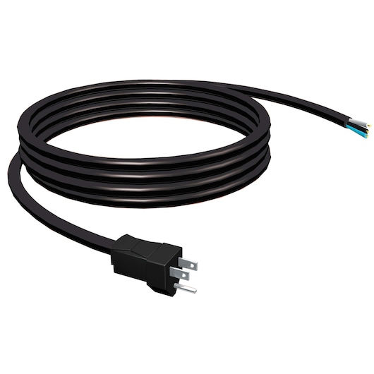 STANLEY black extension power cord with three-prong plug, coiled, white background, photography category
