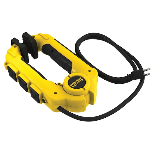 Stanley yellow clamp-shaped power strip with three outlets and black cord, angled on white background