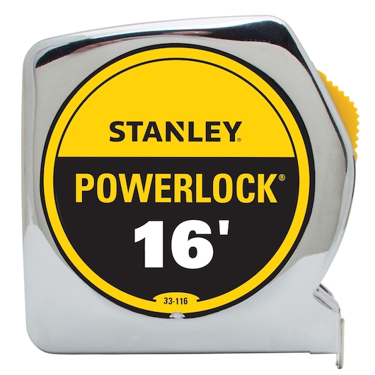Front angle of STANLEY PowerLock 16-foot tape measure with chrome case and yellow/black label on white background