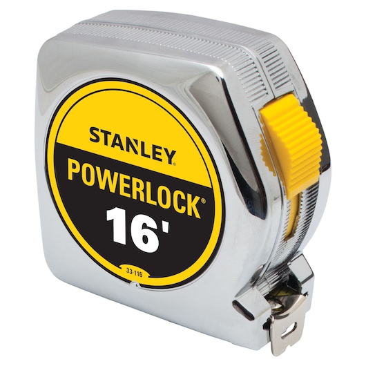 Front angle view of STANLEY PowerLock 16-foot chrome tape measure with yellow lock button