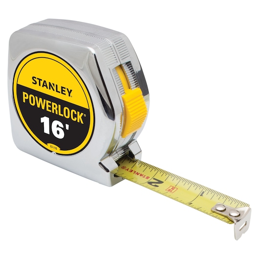 Stanley PowerLock 16-foot tape measure, chrome with yellow accents, angled on white background