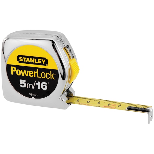 Stanley PowerLock tape measure, 5m/16ft, chrome body, yellow lock, shown at an angle on white background
