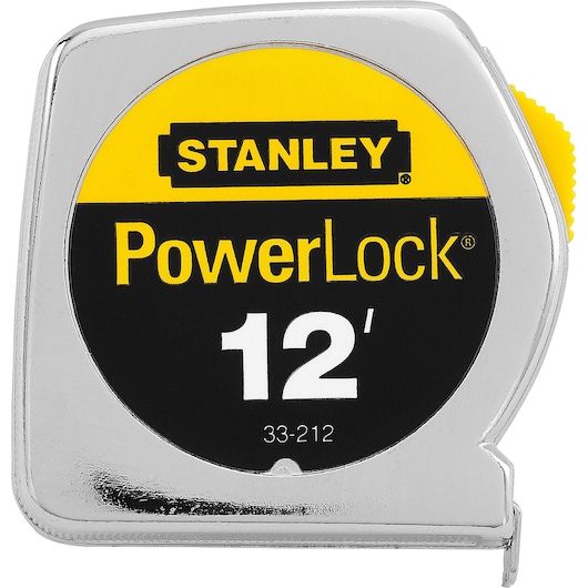 STANLEY 33-212 PowerLock 12-foot tape measure, front angle, silver and yellow casing.
