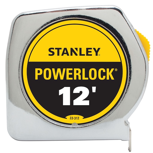Front angle of STANLEY PowerLock 12-foot tape measure with chrome finish and yellow-black label