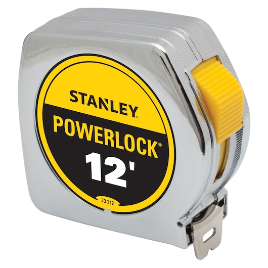 STANLEY PowerLock 12-foot tape measure, chrome finish, front angled view on white background