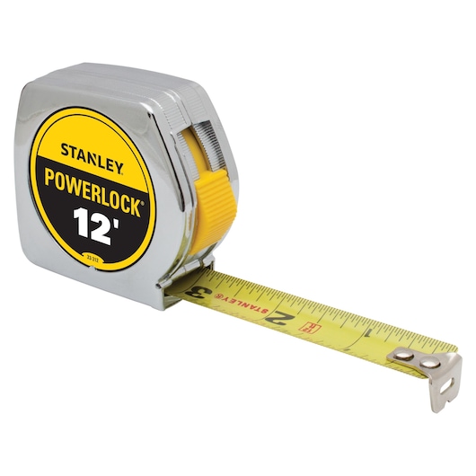 Stanley PowerLock 12-foot tape measure, front-left angle on white background, metal case with yellow button