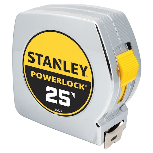 STANLEY 33-425THL PowerLock 25-foot tape measure, chrome case, yellow button, front angle photo.