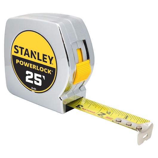 STANLEY 33-425THL PowerLock 25 ft tape measure, chrome case, yellow blade, angled product photo.