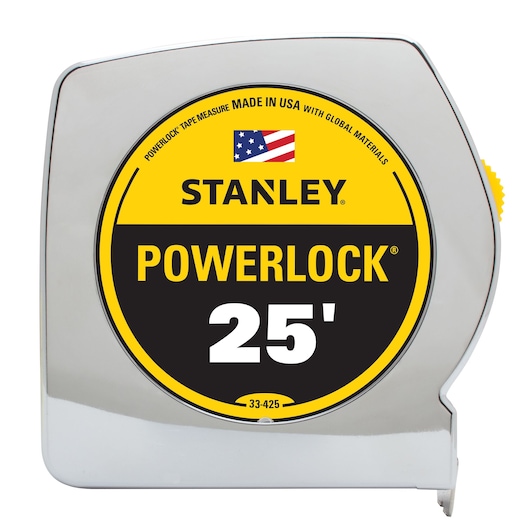 Front view of STANLEY PowerLock 25-foot tape measure with chrome casing and bold yellow label