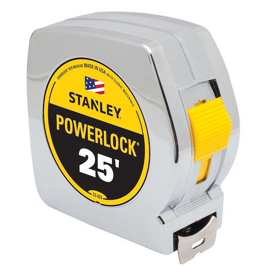 STANLEY PowerLock 25-foot tape measure, chrome body, yellow measurement lock, front angle on white background