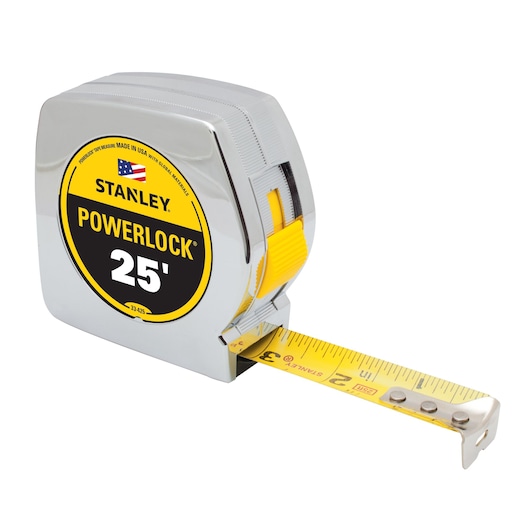 Stanley PowerLock 25-foot tape measure, chrome case with yellow blade, angled on white background