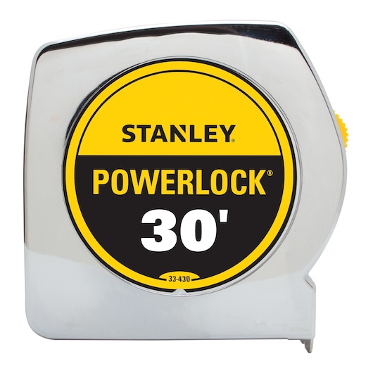 Front view of STANLEY PowerLock 30-foot tape measure with chrome casing and yellow label on white background.