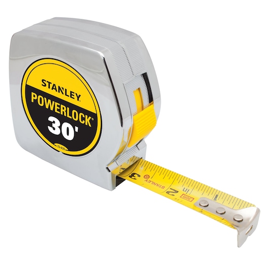 Stanley PowerLock 30-foot tape measure, chrome case, yellow measuring blade, front angle on white background