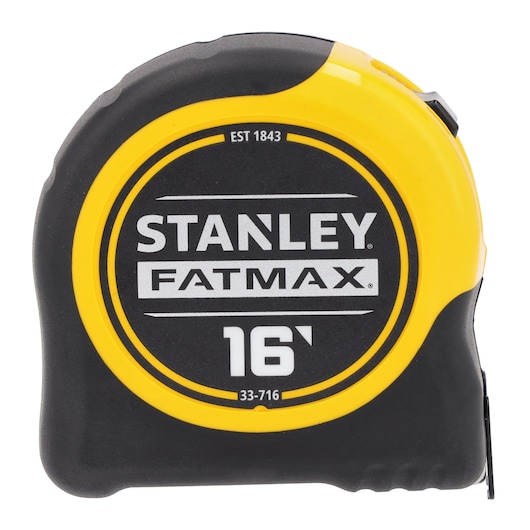 A close-up image of a STANLEY FATMAX 16-foot tape measure with a yellow and black casing, showing the product branding and model number 33-716.