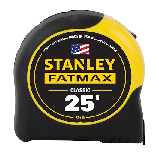 Stanley FATMAX 25-foot tape measure, front angle, yellow and black casing, SKU 33-725