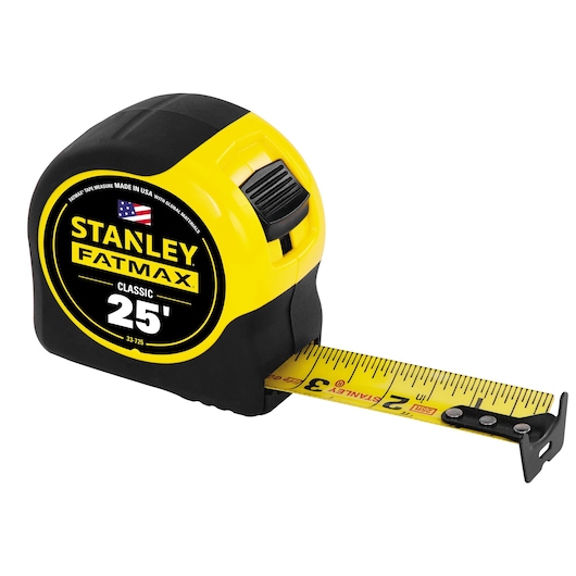 Front angle view of Stanley FatMax 25-foot yellow and black tape measure with extended measuring blade