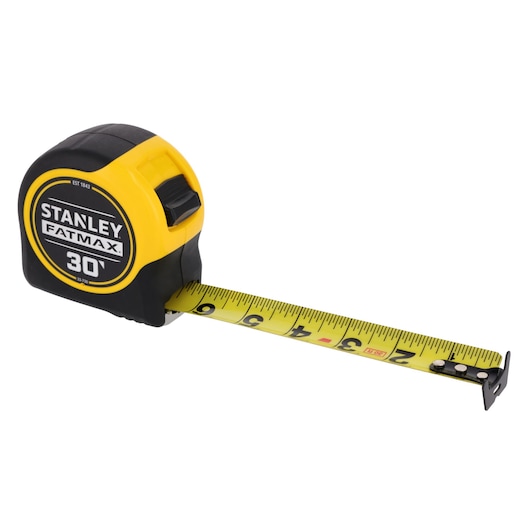 STANLEY FATMAX 33-730THR 30-foot tape measure, black and yellow, extended blade, photography, front angle.