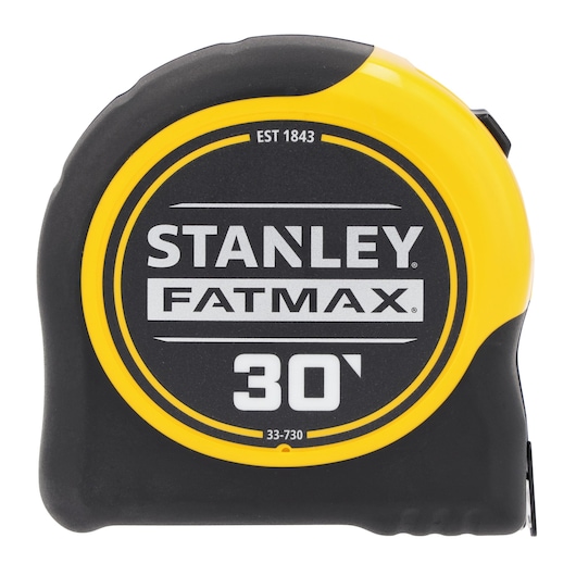 STANLEY 33-730THR tape measure, FATMAX 30-foot, black and yellow casing, front view on white background.