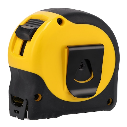 STANLEY 33-730THR tape measure, yellow and black, rear view with belt clip, on white background.
