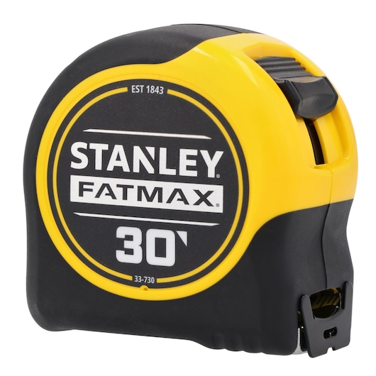 STANLEY 33-730THS-T tape measure, FATMAX series, 30 foot, black and yellow, front angle product photography.
