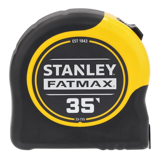 Stanley 33-735THS-T tape measure, FATMAX 35-foot, yellow and black case, front view, photography.