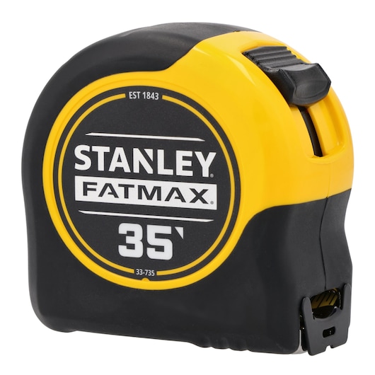STANLEY 33-735THS-T tape measure, black and yellow, FATMAX 35 foot, angled product photo.