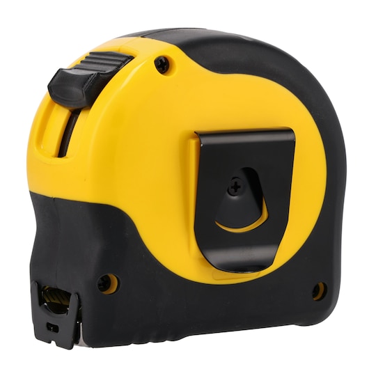 STANLEY 33-735THS-T tape measure, yellow and black, rear view with belt clip, on white background.