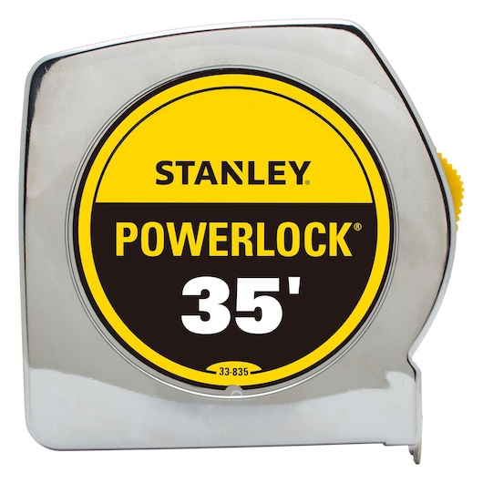Photo of STANLEY PowerLock 35' tape measure, SKU 33-835, with chrome casing, front angle on white background.