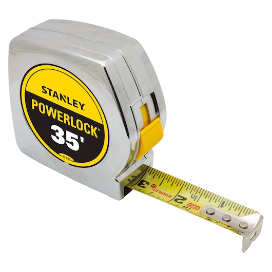 Stanley Powerlock 35-foot tape measure, front angle, chrome body with yellow tape and lock button