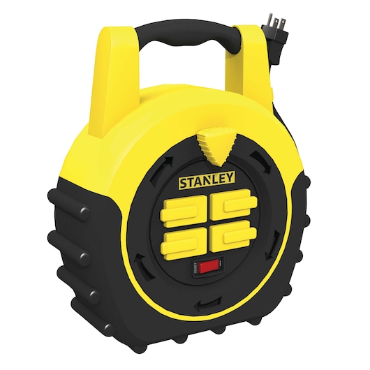 Stanley power cord reel in yellow and black, front angle on white background, showing four outlets and reset switch.
