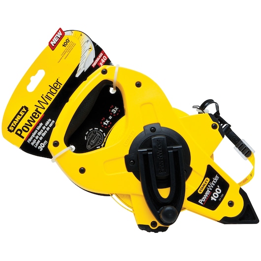 STANLEY PowerWinder 100 ft yellow and black long tape measure, SKU 34-760, product shown at angle on white background.